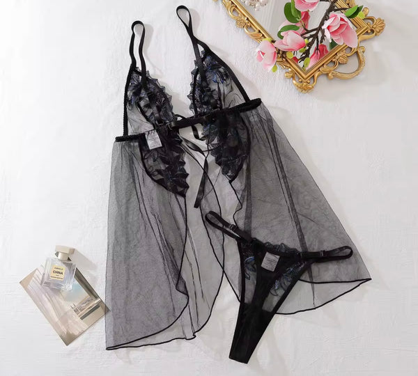 Women Sexy Sleeveless Color Patchwork Mesh Lingerie Set