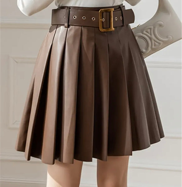 Women Belted Faux Leather Fashion Please Skirt