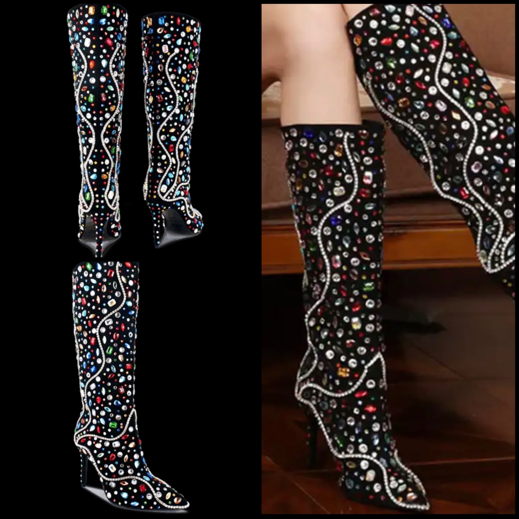 Women Fashion Black Color Crystal Knee High Boots