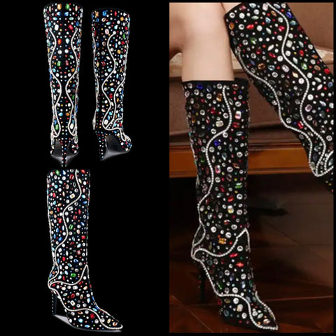 Women Fashion Black Color Crystal Knee High Boots