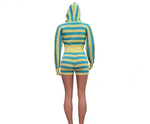 Women Fashion Full Sleeve Hooded Striped Two Piece Short Set