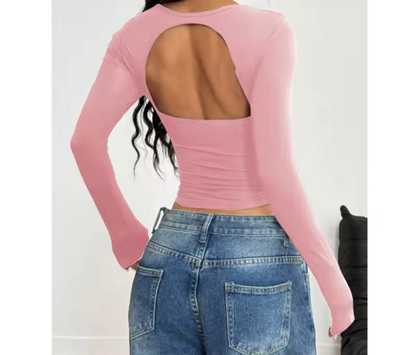 Women Fashion Color Open Back Full Sleeve Crop Top