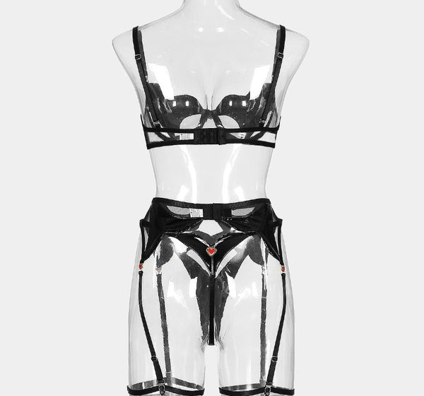 Women Sexy Black Heart PU Lingerie Set