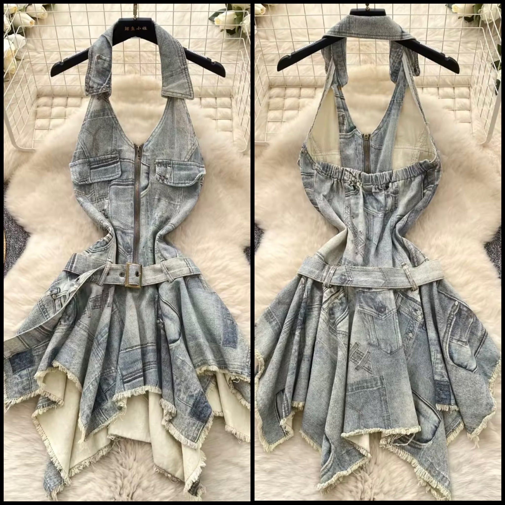Women Halter Sleeveless Sexy Fashion Denim Dress