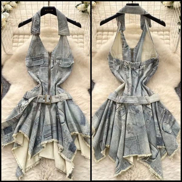 Women Halter Sleeveless Sexy Fashion Denim Dress