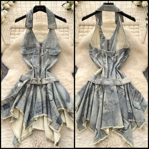 Women Halter Sleeveless Sexy Fashion Denim Dress
