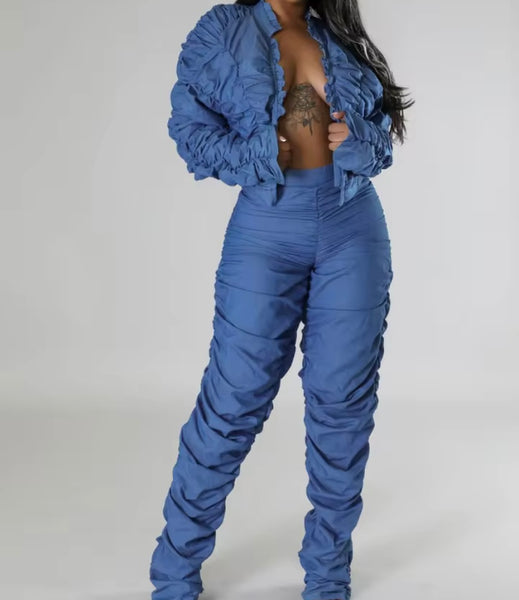 Women Fashion Ruched Zip Up Full Sleeve Two Piece Blue Pant Set