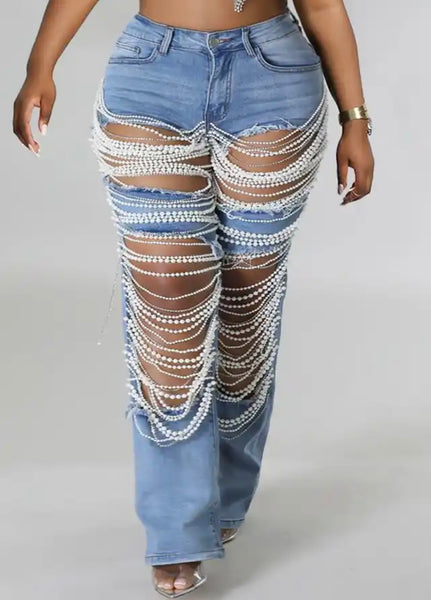 Women Fashion Beaded Pearl Ripped Denim Pants