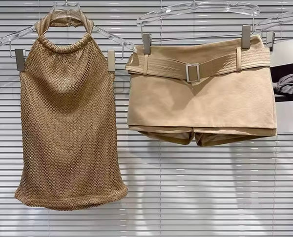 Women Sexy Sparkly Halter Sleeveless Two Piece Skirt Set
