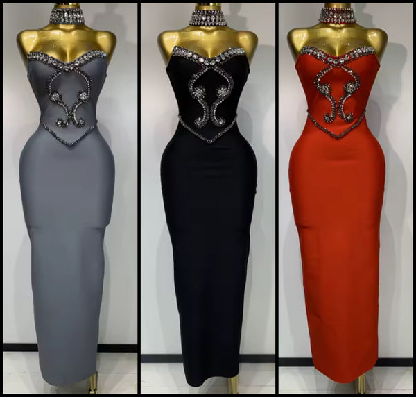 Women Sexy Choker Strapless Gray Rhinestone Maxi Dress