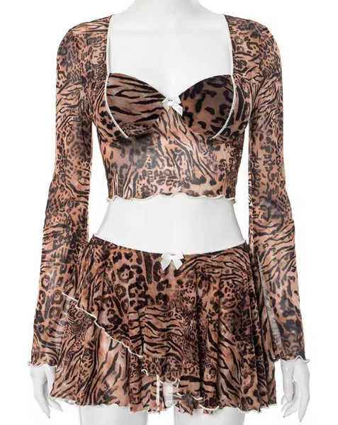 Women Sexy Leopard Full Sleeve Two Piece Ruffled Skirt Set