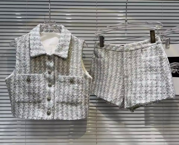 Women Button Up Sleeveless Tweed Two Piece Short Set