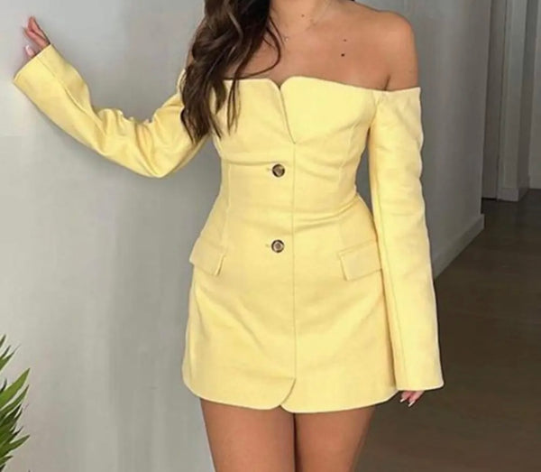 Women Sexy Off The Shoulder Button Up Full Sleeve Blazer Dress