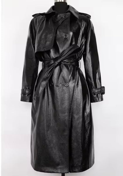 Women Fashion Black Button Up Faux Leather Trench Jacket