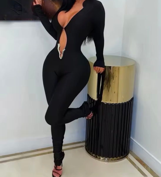 Women Sexy Deep V-Neck Metal Full Sleeve Jumpsuit