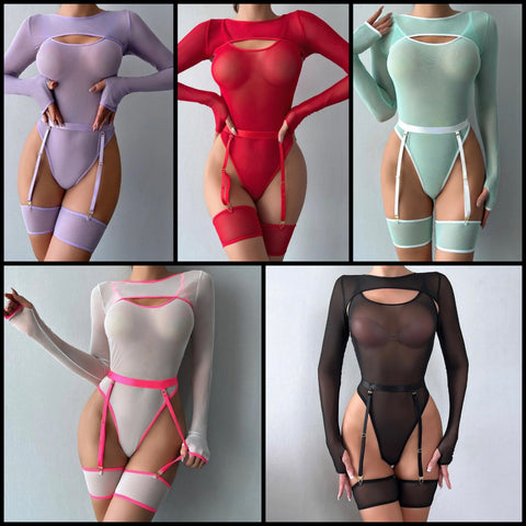 Women Sexy Full Sleeve Mesh Bodysuit Lingerie Set