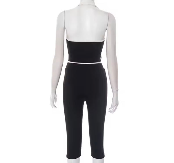 Women Sleeveless Button Up B&W Vest Two Piece Capri Pant Set