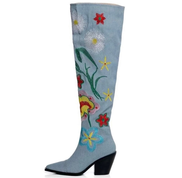 Women Fashion Printed Knee High Western Denim Boots