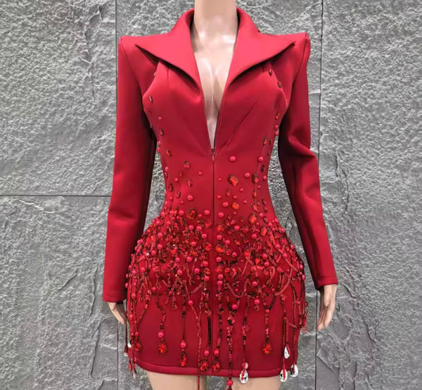 Women Sexy Full Sleeve Crystal Tassel Zip Up Blazer Dress