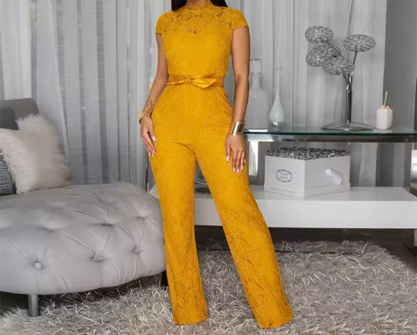 Women Sexy Fashion Lace Short Sleeve Two Piece Jumpsuit
