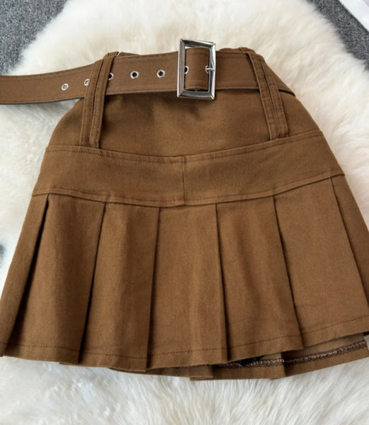 Women Fashion Belted Pleated Skirt