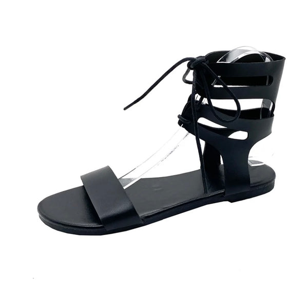 Women Black Lace Up Fashion Flat Sandals