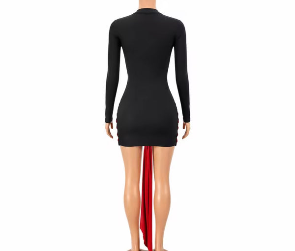 Women Black Sexy Cut Out Full Sleeve Tie Up Dress