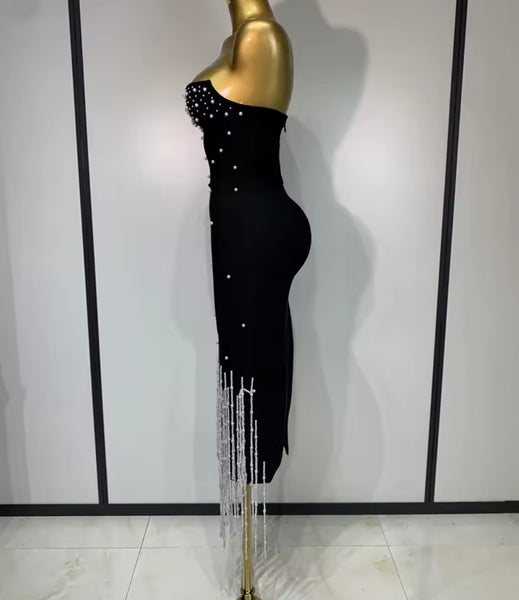 Women Sexy Strapless Beaded Rhinestone Tassel Dress