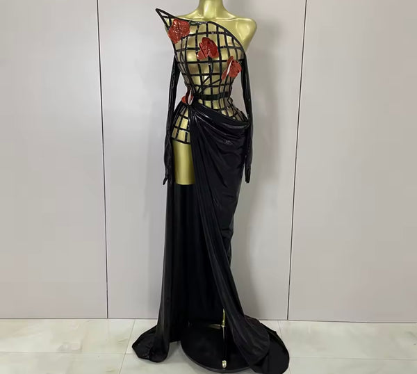 Women Sexy Strapless Glove 3D Floral Two Piece Maxi Skirt Set