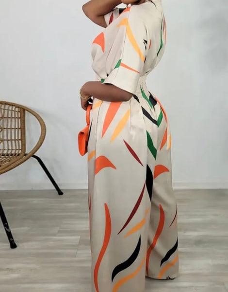Women Sexy Printed Short Sleeve Wide Leg Jumpsuit
