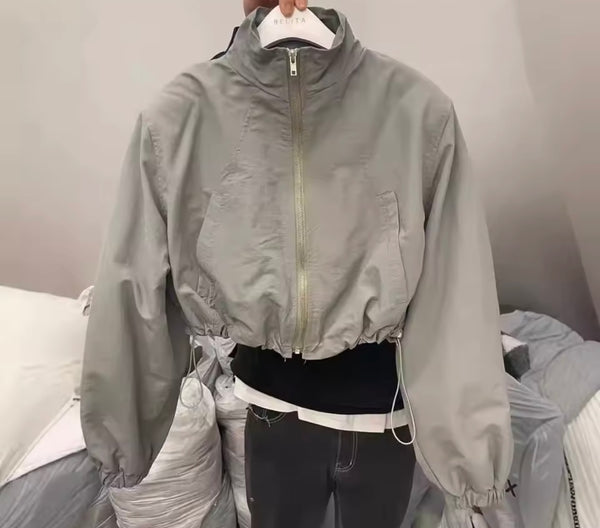 Women Fashion Drawstring Zip Up Jacket