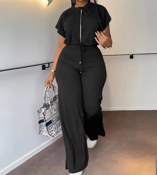 Women Fashion Zip Up Short Sleeve Fashion Two Piece Pant Set