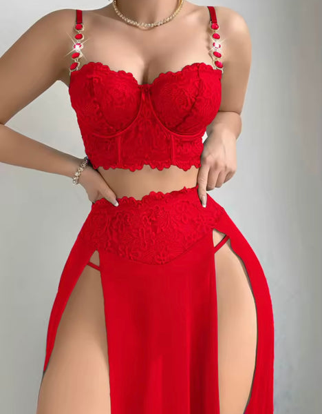 Women Sexy Bling Heart Lace Sleeveless Mesh Lingerie Set