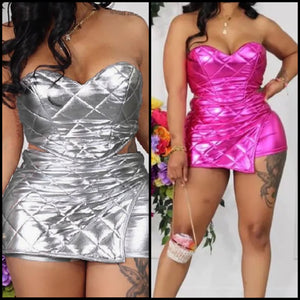 Women Strapless Fashion Metallic Two Piece Skirt Set