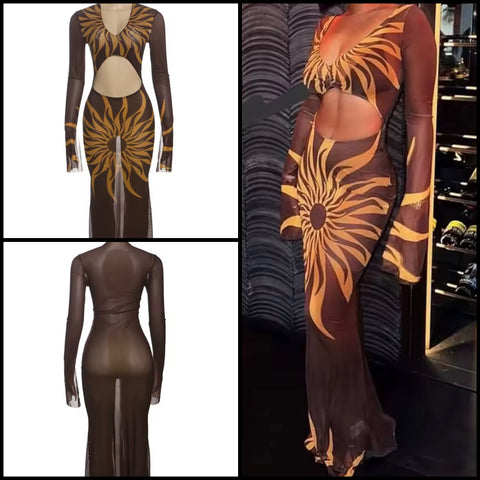 Women Sexy Brown Printed Full Sleeve Cut Out Mesh Maxi Dress
