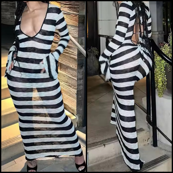 Women Sexy B&W Ribbed Full Sleeve See Through Maxi Dress