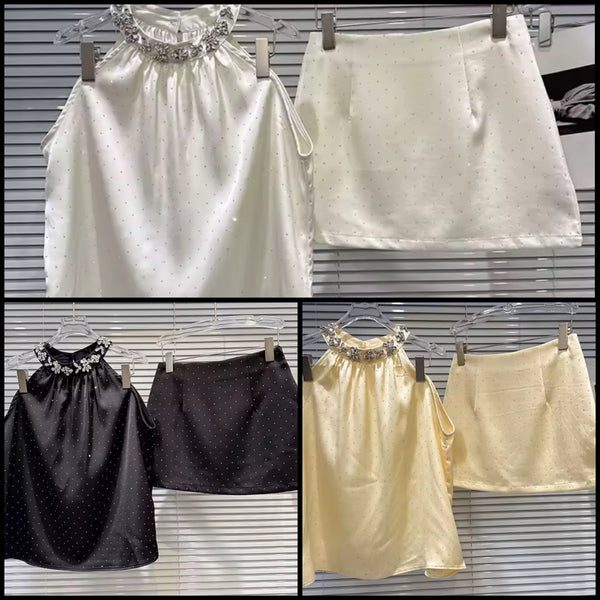 Women Rhinestone Halter Satin Sexy Two Piece Skirt Set