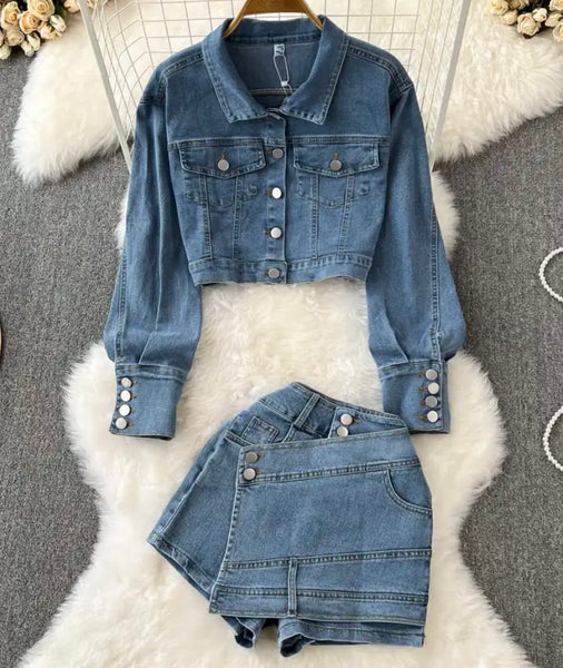 Women Full Sleeve Fashion Two Piece Denim Short Set