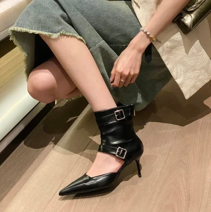 Women Fashion Pointed Toe Buckled High Heel Ankle Boots