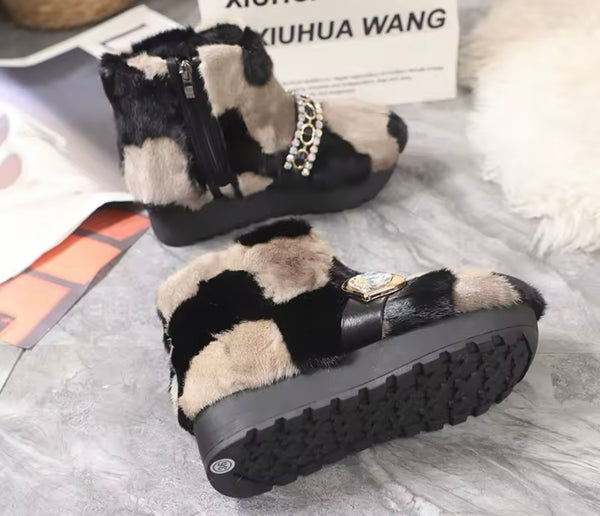 Women Bling Faux Fur Platform Ankle Boots