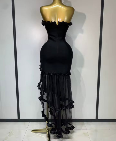 Women Black Ruffled Strapless Mesh Patchwork Maxi Dress