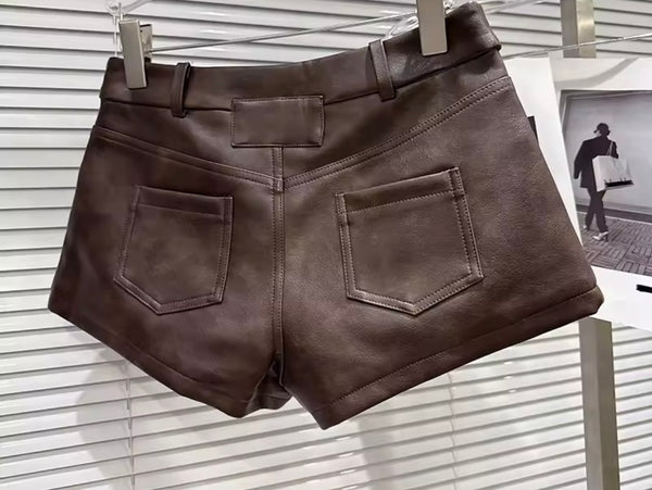 Women Fashion Brown Faux Leather Jacket Two Piece Short Set