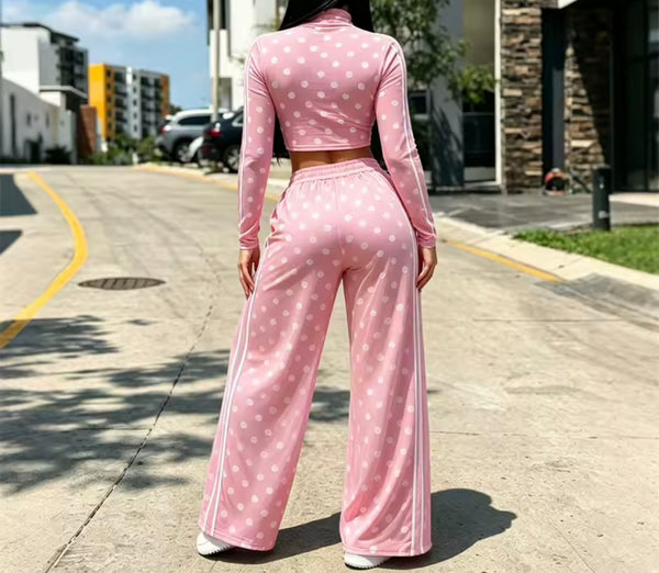 Women Polka Dot Turtleneck Full Sleeve Two Piece Pant Set