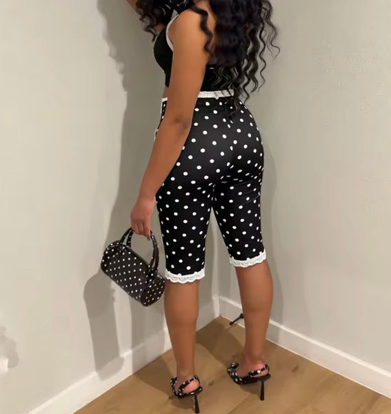 Women Sleeveless B&W Polka Dot Crop Tank Two Piece Capri Pant Set