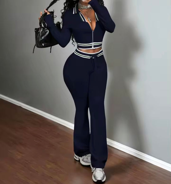 Women Fashion Striped Zip Up Tracksuit Two Piece Pant Set