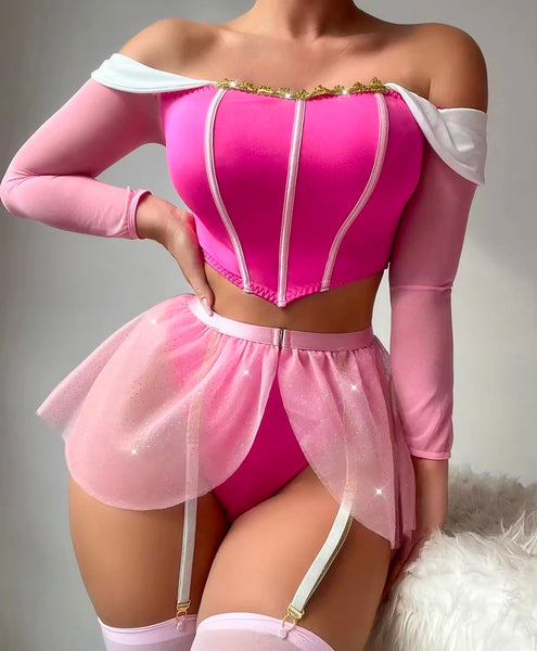 Women Sexy Pink Off The Shoulder Mesh Lingerie Set