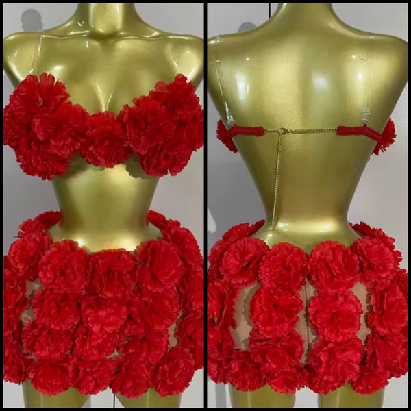 Women Sexy Red Sleeveless Floral Chain Open Back Two Piece Skirt Set