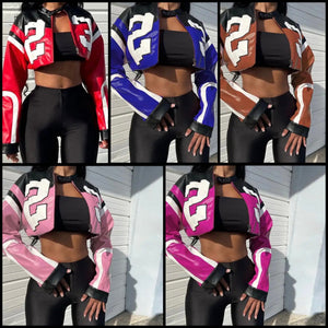Women Fashion Number Color Patchwork Faux Leather Crop Jacket