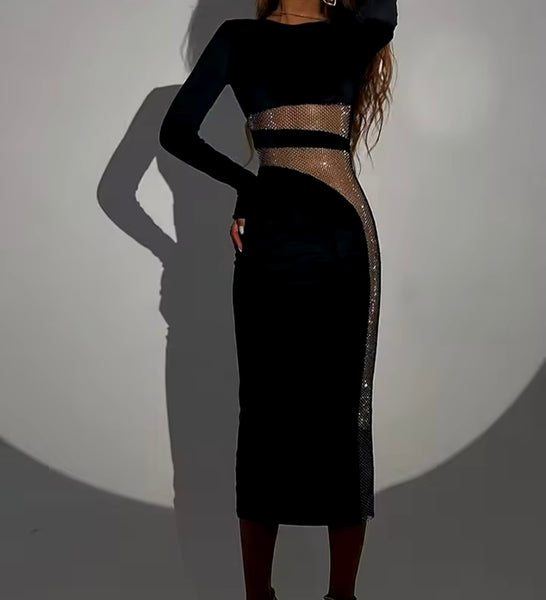 Women Sexy Black Bling Mesh Patchwork Maxi Dress