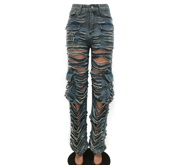 Women Fashion Ripped Cargo Denim Pants